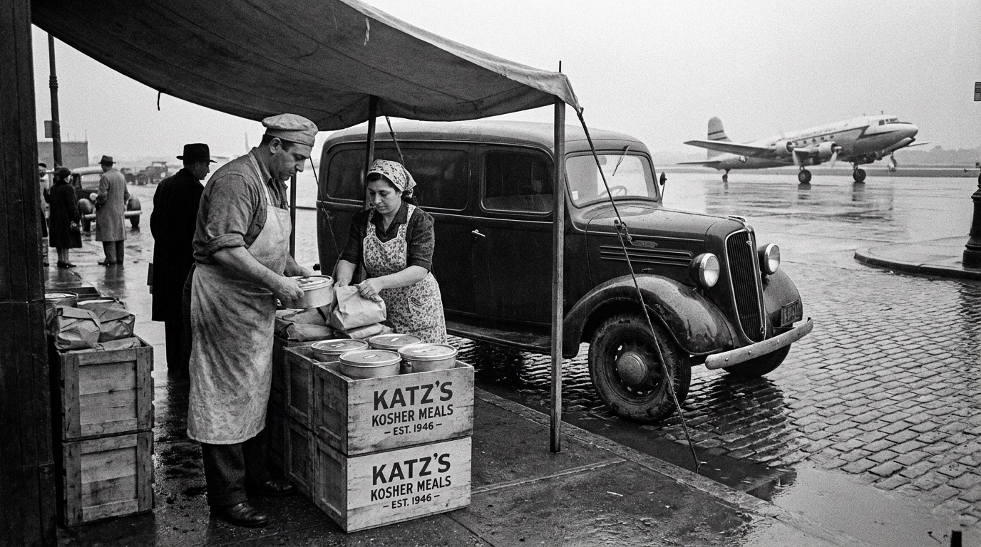 Black-and-white founding-era scene: a delivery truck on the tarmac beside a propeller airliner, New York, late 1940s