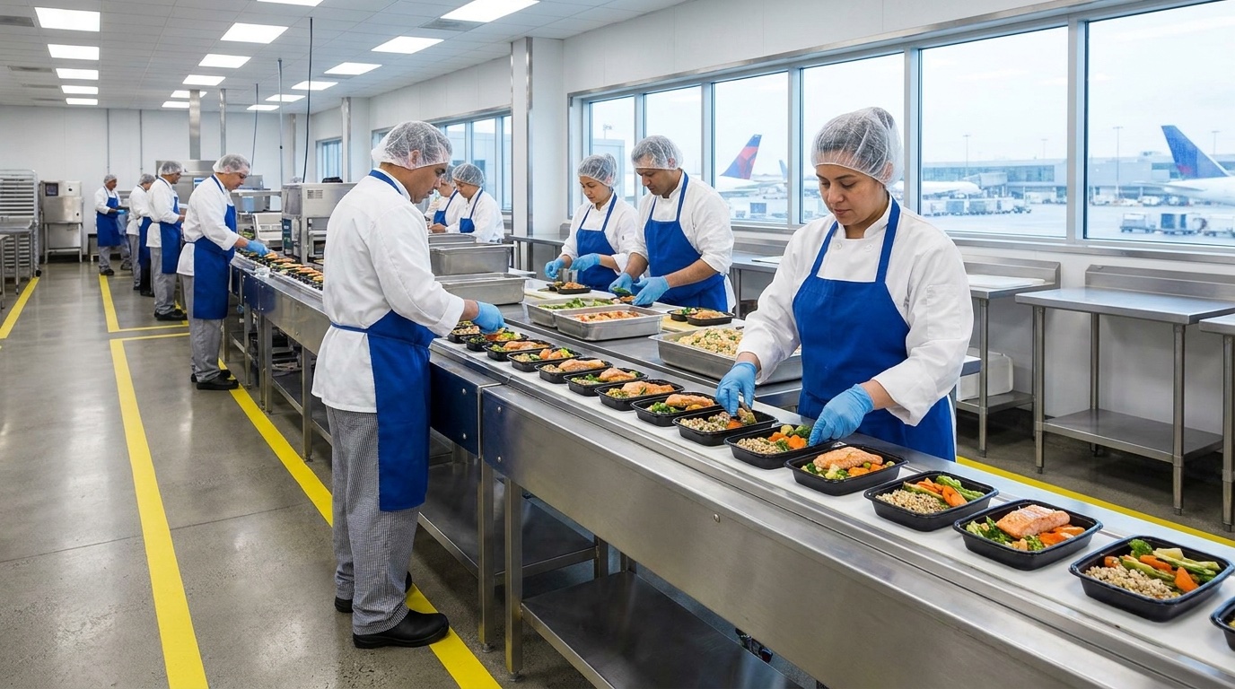 The Borenstein flight kitchen line at JFK, trays being packed with aircraft visible through the windows