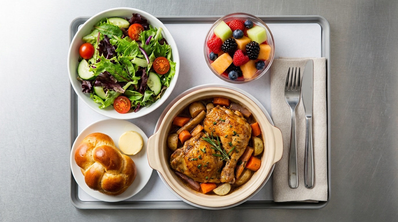 Overhead view of a fresh kosher meal tray: braised chicken, market salad, fruit, and challah roll