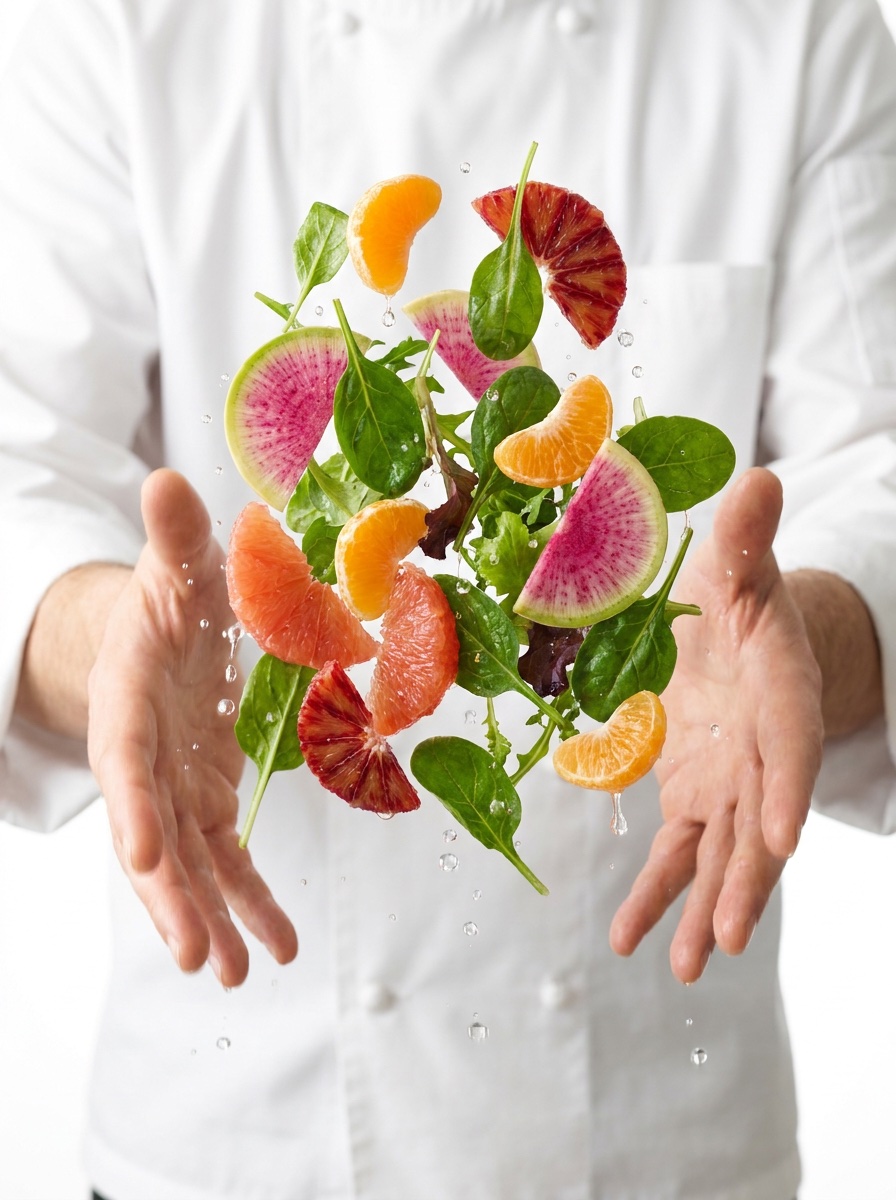 A chef tossing fresh greens and citrus in the air